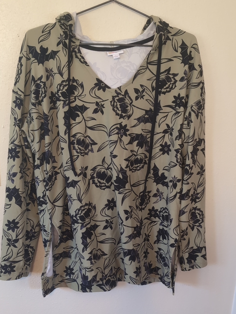 LuLaRoe Eliza Olive Green Hoodie with Black Floral And Bat Print L